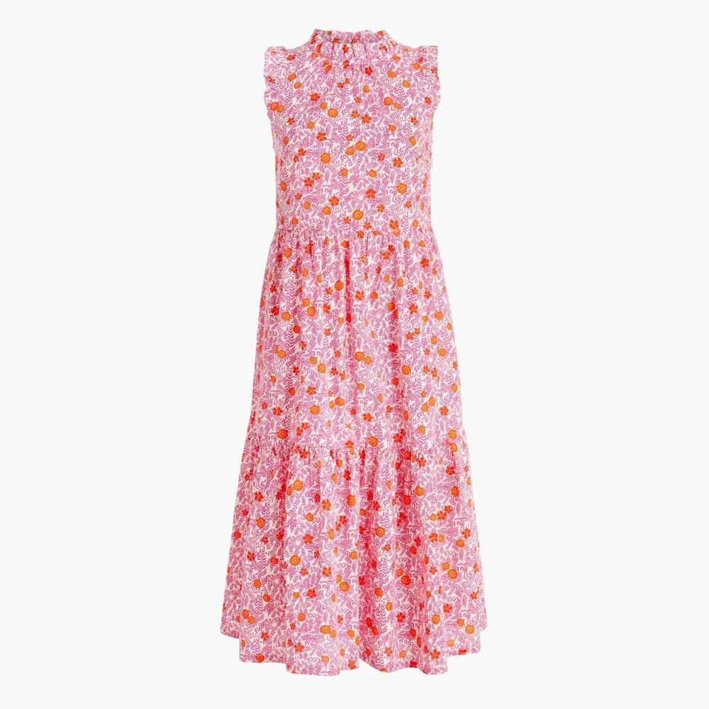 J.Crew Tiered Midi Dress Size Small Pink Orange Floral Ruffle High Neck Cotton